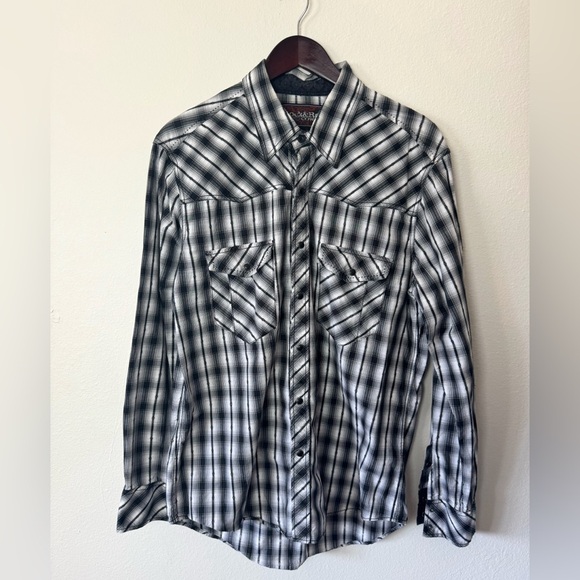 Rock & Roll Cowboy Mens Snap Button Down Shirt Large Black White Plaid Western - Picture 1 of 6
